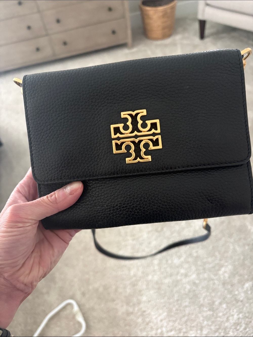 Tory Burch Black Pebbled Leather Crossbody with Gold Logo